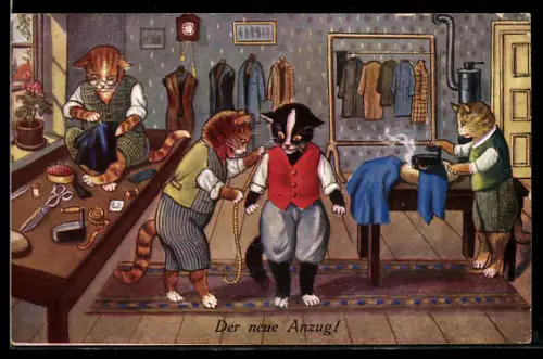 AK Katze beim Schneider, der neue Anzug, Kater bügelt Jacke