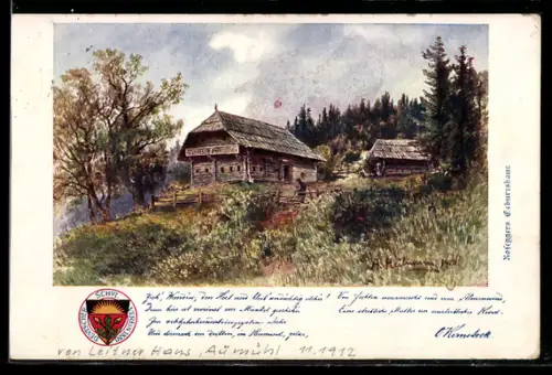 AK Deutscher Schulverein NR. 144: A. Heilmann: Zieh, Wanderer den Hut und bleib andächtig stehn, Marke des Turnerbunds