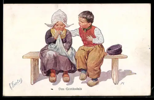 Künstler-AK Karl Feiertag: Holländisches Kinderpaar in Holzschuhen