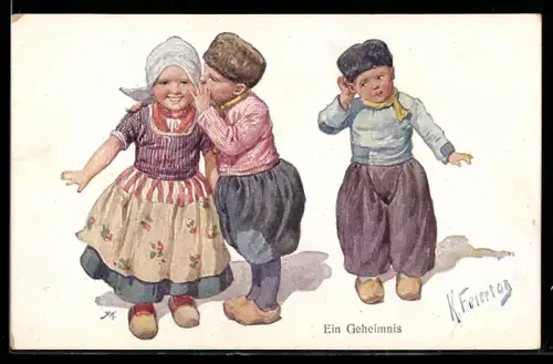 Künstler-AK Karl Feiertag: Junge beobachtet einen Jungen der einem Mädchen ins Ohr flüstert