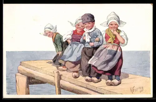 Künstler-AK Karl Feiertag: Hans im Glück, Holländerjunge mit drei Mädchen