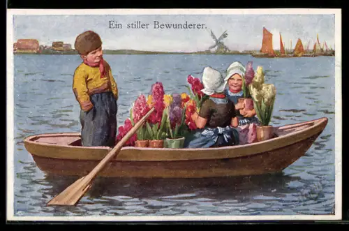 Künstler-AK Karl Feiertag: Zwei Holländerinnen mit Blumentöpfen und Mann im Boot, Im Hintergrund Windmühle