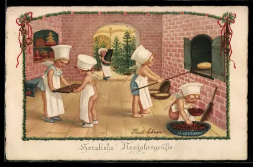 Künstler-AK Pauli Ebner: Engelchen sind schwer beschäftigt in der Backstube