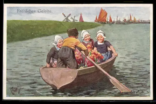 Künstler-AK Karl Feiertag: Holländische Kinder im Ruderboot