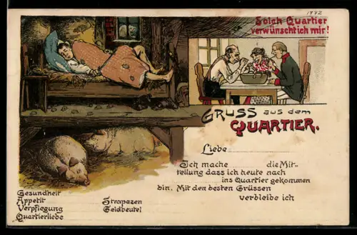 Künstler-AK Bruno Bürger & Ottillie Nr. 1772: Solch Quartier verwünscht ich mir!, Soldat im Stall