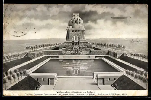 AK Zeppelin im Flug über das Völkerschlachtdenkmal zu Leipzig