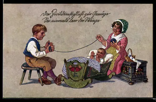 AK Junge wickelt Wolle auf, Der Zivildienstpflicht zur Genüge, Kinder Kriegspropaganda