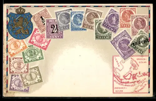 AK Indonesien, Wappen & versch. Briefmarken