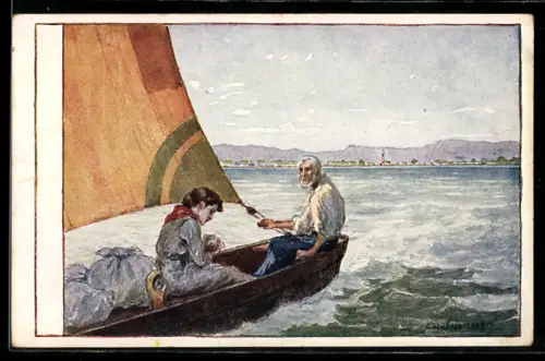 Künstler-AK Flüchtlinge in einem Segelboot