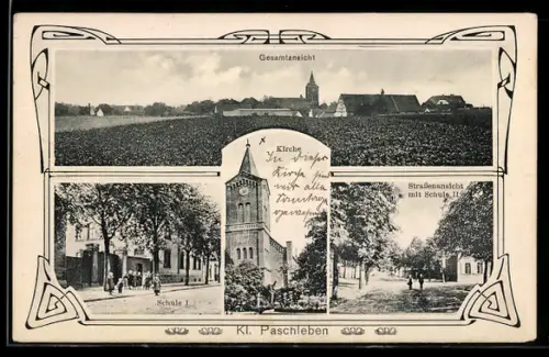 AK Kl. Paschleben, Kirche, Schule I, Strassenpartie mit Schule II