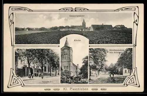 AK Kleinpaschleben, Kirche, Schule, Strassenpartie
