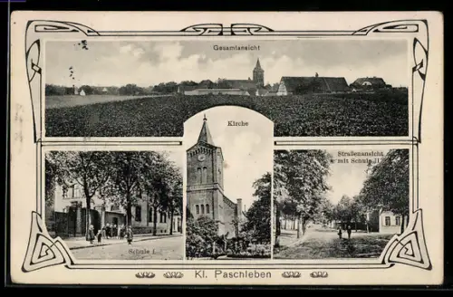 AK Kleinpaschleben, Strassenpartie mit Schule, Kirche