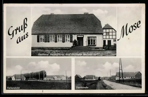AK Mose, Gasthaus Heidepforte, Bes. Hermann Heiland, Teilansicht des Ortes, Dorfstrasse
