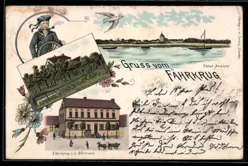 Lithographie Arneburg, Gasthof Fährkrurg von C. Görmann, Garten und Kegelbahn, Totalansicht des Ortes