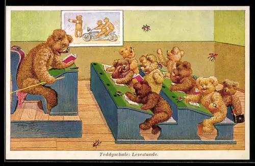 Künstler-AK A. Thiele: In der Teddyschule, Lesestunde, Bären lassen Käfer fliegen