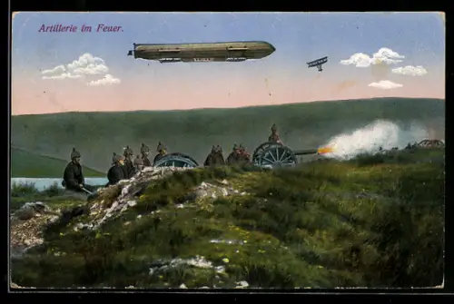AK Zeppelin über feuernder Artillerie