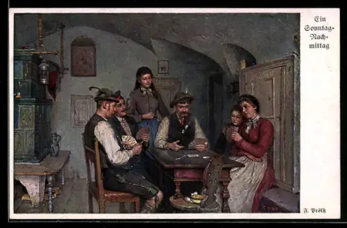 Künstler-AK sign. F. Prölss: Ein Sonntagnachmittag, Bayern bei Kartenspiel