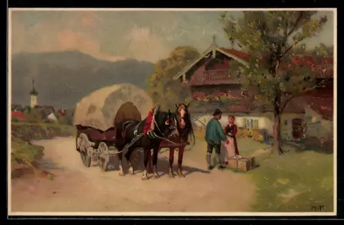 Künstler-AK Meissner & Buch (M&B) Nr.1450: Reisen im Gebirge, Pferdekutsche