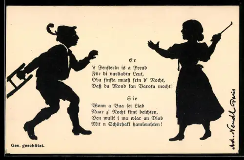 AK Junger Mann mit Leiter will fensterln, Mädchen hält Schürhaken in der Hand, Scherenschnitt