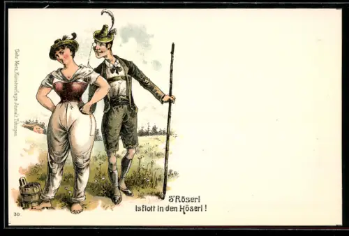 Künstler-AK Mann belästigt Frau in Hosen