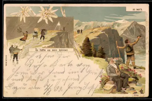 Lithographie Bergsteiger geniessen die Aussicht bei strahlend schönem Wetter, Edelweiss