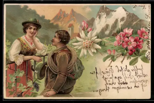 AK Wanderer flirtet mit einem hübschen Bauernfräulein am Gartenzaun