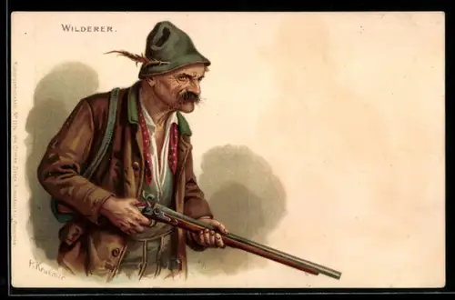 Künstler-Lithographie H. Kraemer: Wilderer, Wilddieb mit Flinte
