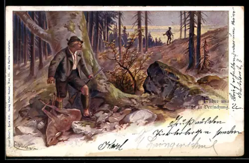 Künstler-AK E. Döcker: Jäger mit einem erlegten Reh