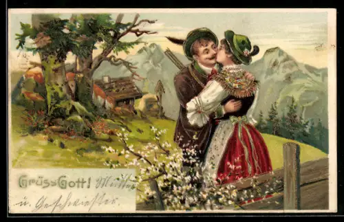 AK Jäger küsst eine Frau in Tracht vor einer Hütte