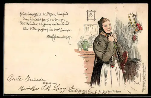 Lithographie Junge Frau von den Fildern in schwäbischer Tracht