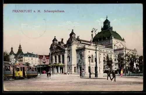 AK Frankfurt a. M., Strassenbahn passiert das Schauspielhaus