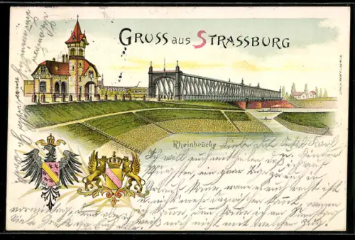 Lithographie Strassburg, Partie an der Rheinbrücke mit Grünanlage