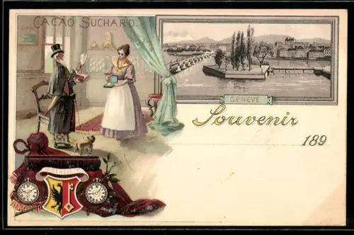 Lithographie Geneve, Cacao Suchard, Blick auf künstl. Insel, Mann reicht Frau Scheck