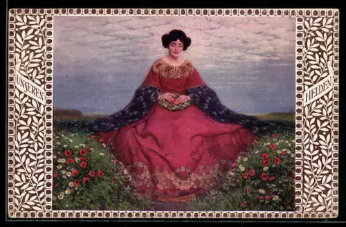 AK Junge Frau flicht einen Heldenkranz auf einer Blumenwiese