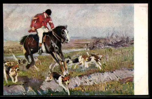Künstler-AK Auf zur fröhlichen Jagd, Grabensprung, Reitender Jäger mit Hunden
