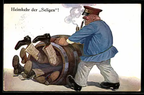 AK Mann mit Pfeife rollt betrunkene Männer in leerem Bierfass