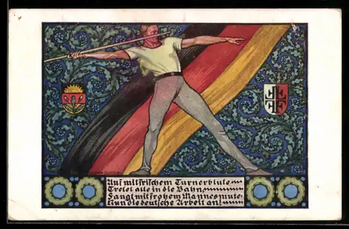 AK Speerwärfer, Deutschlandfahne und Wappen im Hintergrund, Deutscher Schulverein