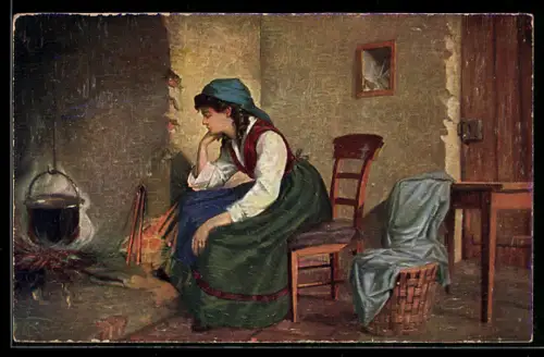 Ölgemälde-Imitations-AK Imita / A.S.-M. Leipzig Nr. 571: Frau sitzt an der Kochstelle