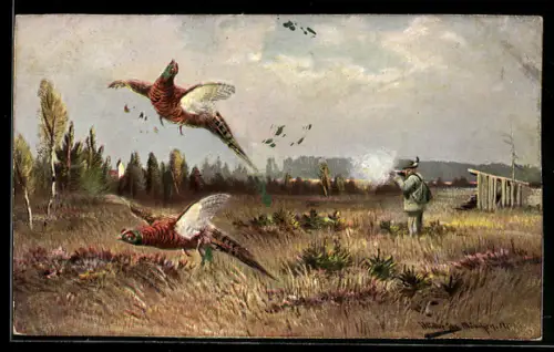 Künstler-Lithographie M. Müller jun.: Jäger schiesst Fasane