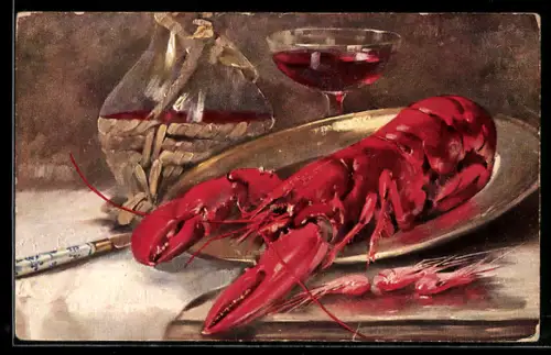 AK Hummer, Garnelen und Weinflasche, Stillleben mit Rotwein
