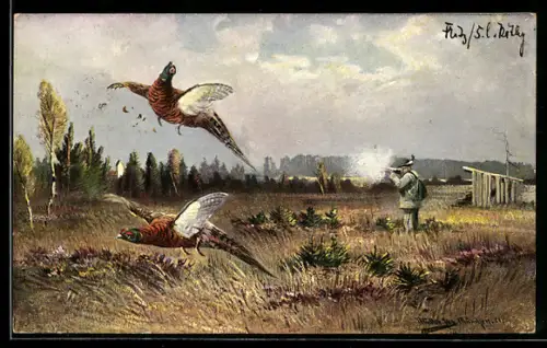 Künstler-Lithographie M. Müller jun.: Jäger schiesst Fasane