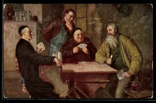 Künstler-AK In der Klemme, Mönch, Geistlicher und Bürger bei Kartenspiel in Gaststätte