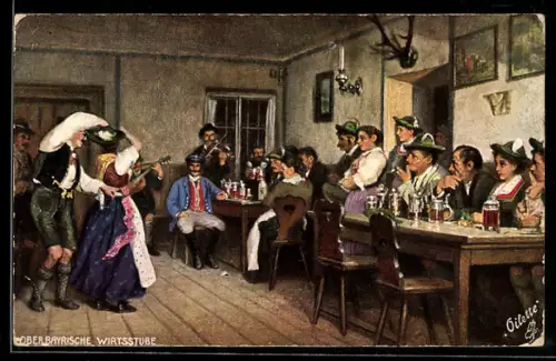 AK Tanzpaar in bayerischer Tracht tanzt in einer oberbayrischen Wirtsstube