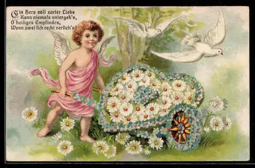 AK Glückwunsch zum Geburtstage, Engel mit Schubkarre mit Blumenherz