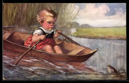 Künstler-AK Wally Fialkowska: Wo kommst denn du her?, Kind in Ruderboot und Fisch