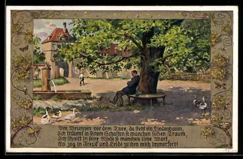 Künstler-AK sign. J.Durst: Mann ruht sich unter einem Baum am Brunnen aus