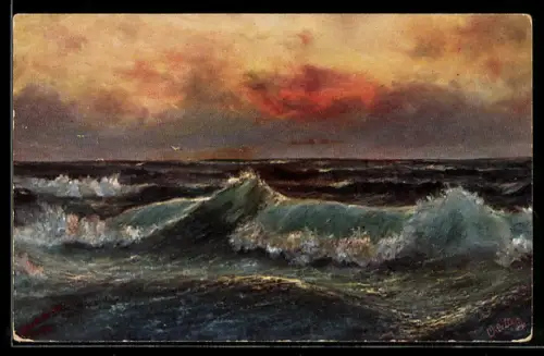 Künstler-AK Robert Schmidt: Sonnenuntergang am Meer, stürmische See