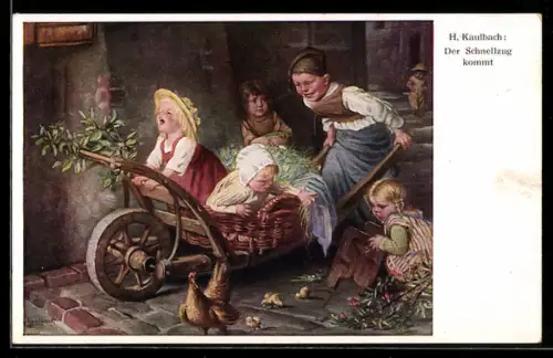 Künstler-AK Hermann Kaulbach: Geschwister spielen mit der Schubkarre Schnellzug