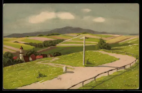 Künstler-AK Alfred Mailick: Wegweiser vor einem Ort