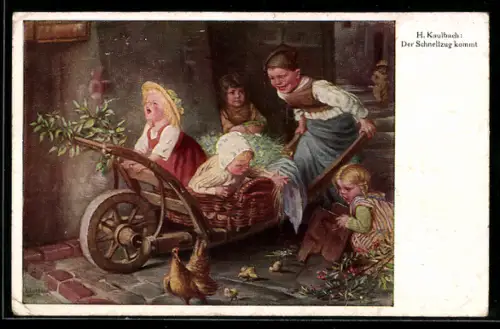 Künstler-AK Hermann Kaulbach: Geschwister spielen mit der Schubkarre Schnellzug